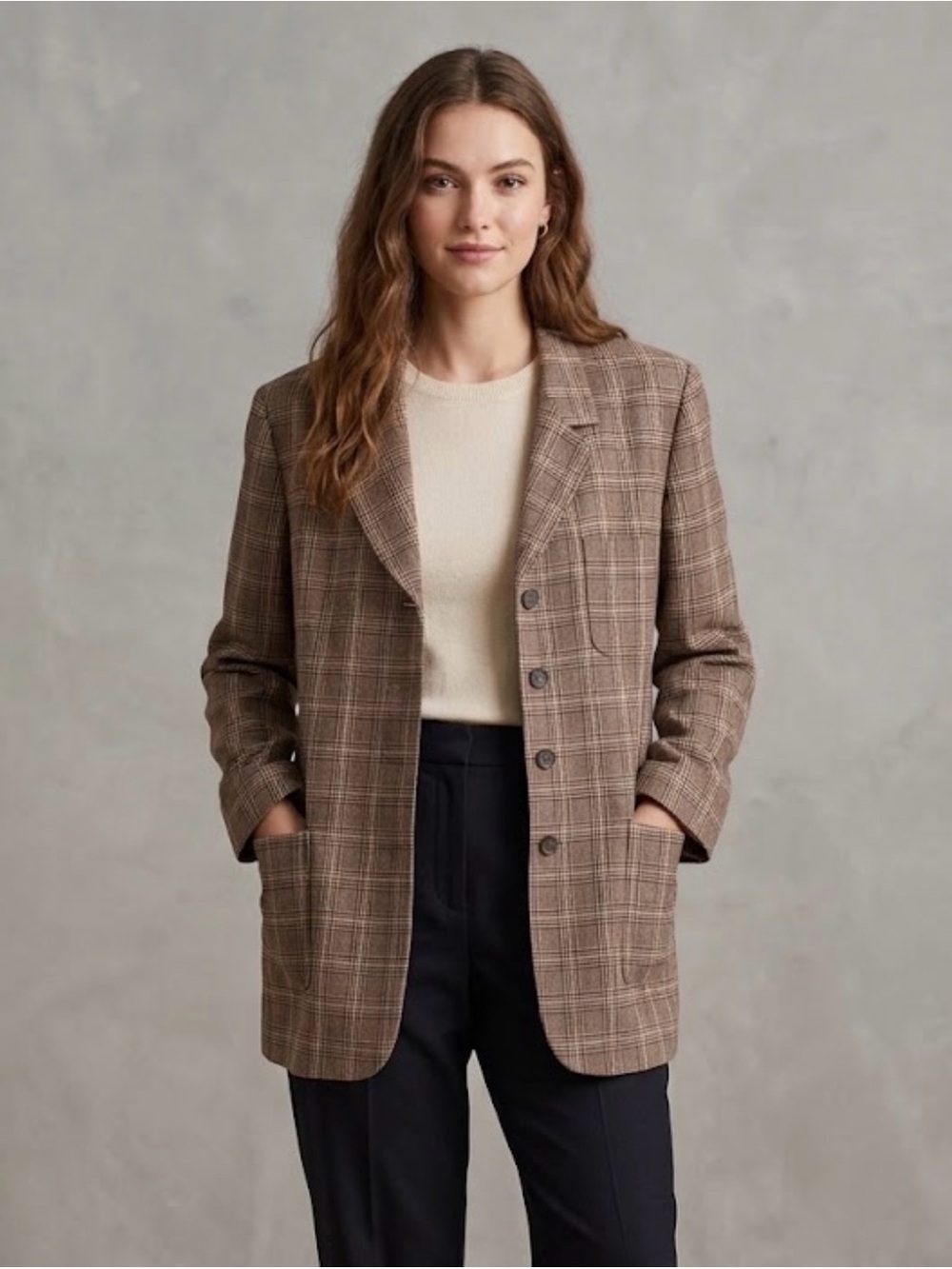 Charter Club Women's Plaid Blazer - Viscose & Wool Blend - Vintage - Brown/Tan